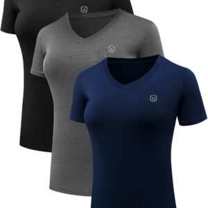 NELEUS Girls’s 3-Pack Compression Yoga Tops – Brief Sleeve Athletic Shirts in Black, Grey, and Navy Blue, US Measurement XL