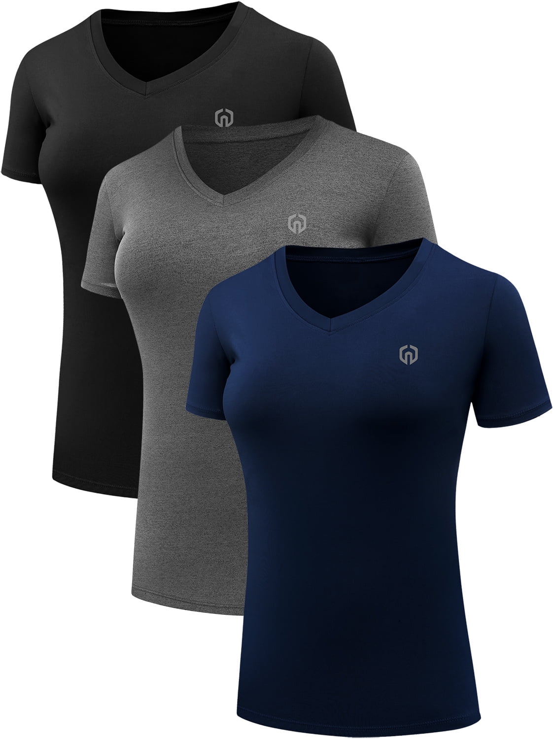 NELEUS Girls’s 3-Pack Compression Yoga Tops – Brief Sleeve Athletic Shirts in Black, Grey, and Navy Blue, US Measurement XL